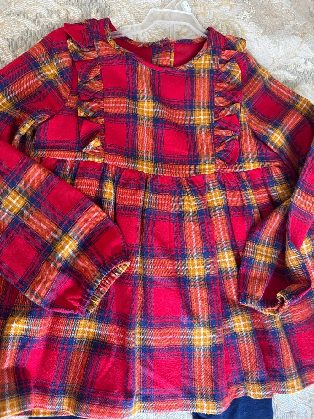 Elie Tahari Red Plaid Ruffle Long-Sleeve Dress with Navy Leggings